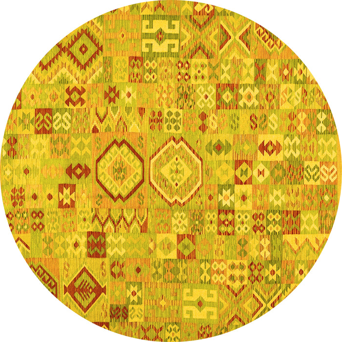 Round Machine Washable Southwestern Yellow Country Rug, wshcon2533yw