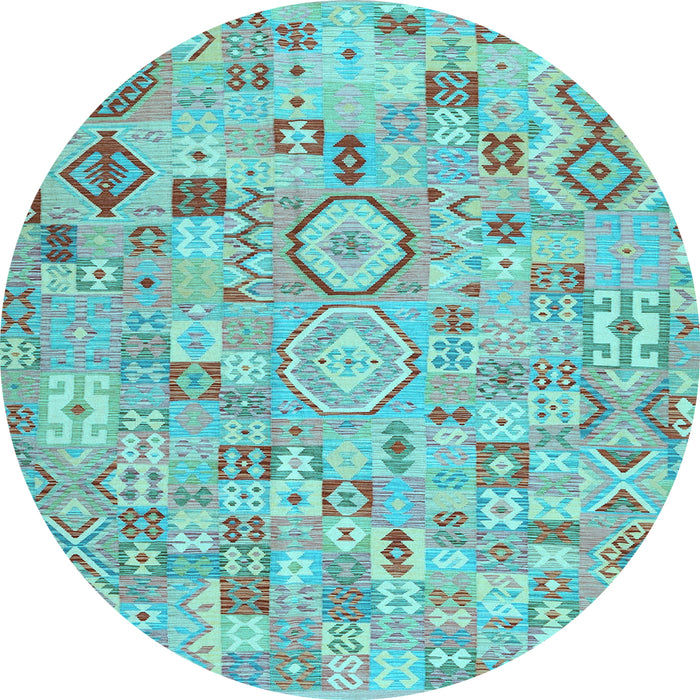 Round Machine Washable Southwestern Light Blue Country Rug, wshcon2533lblu