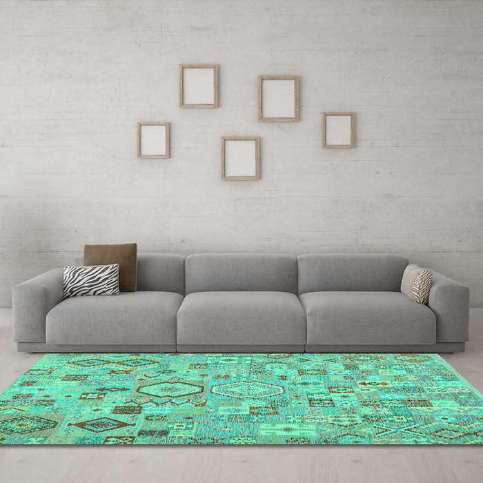 Machine Washable Southwestern Turquoise Country Area Rugs in a Living Room,, wshcon2533turq