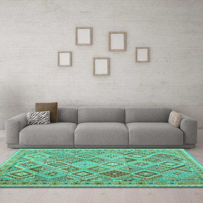 Machine Washable Abstract Turquoise Contemporary Area Rugs in a Living Room,, wshcon2537turq