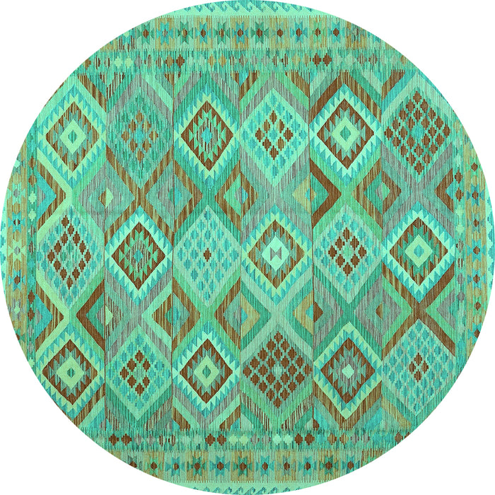 Round Machine Washable Abstract Turquoise Contemporary Area Rugs, wshcon2537turq