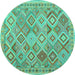 Round Machine Washable Abstract Turquoise Contemporary Area Rugs, wshcon2537turq