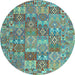 Round Machine Washable Southwestern Light Blue Country Rug, wshcon2538lblu