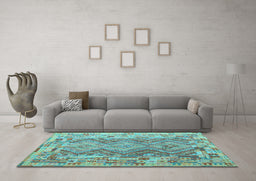 Machine Washable Southwestern Light Blue Country Rug in a Living Room, wshcon2539lblu