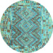 Round Machine Washable Southwestern Light Blue Country Rug, wshcon2539lblu