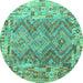 Round Machine Washable Southwestern Turquoise Country Area Rugs, wshcon2539turq