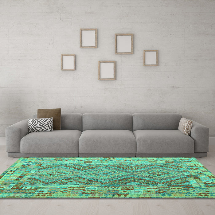 Machine Washable Southwestern Turquoise Country Area Rugs in a Living Room,, wshcon2539turq