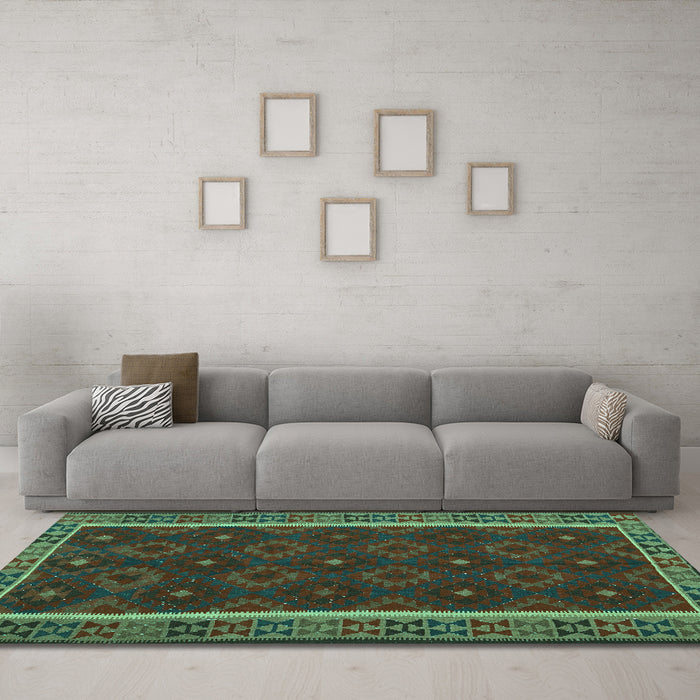 Machine Washable Oriental Turquoise Traditional Area Rugs in a Living Room,, wshcon2542turq