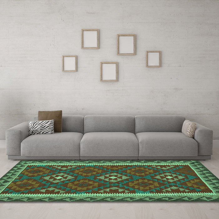 Machine Washable Oriental Turquoise Traditional Area Rugs in a Living Room,, wshcon2543turq