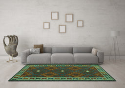 Machine Washable Oriental Turquoise Traditional Area Rugs in a Living Room,, wshcon2545turq
