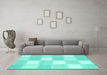 Machine Washable Checkered Turquoise Modern Area Rugs in a Living Room,, wshcon2549turq