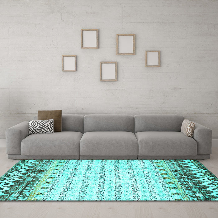 Machine Washable Abstract Turquoise Contemporary Area Rugs in a Living Room,, wshcon2551turq