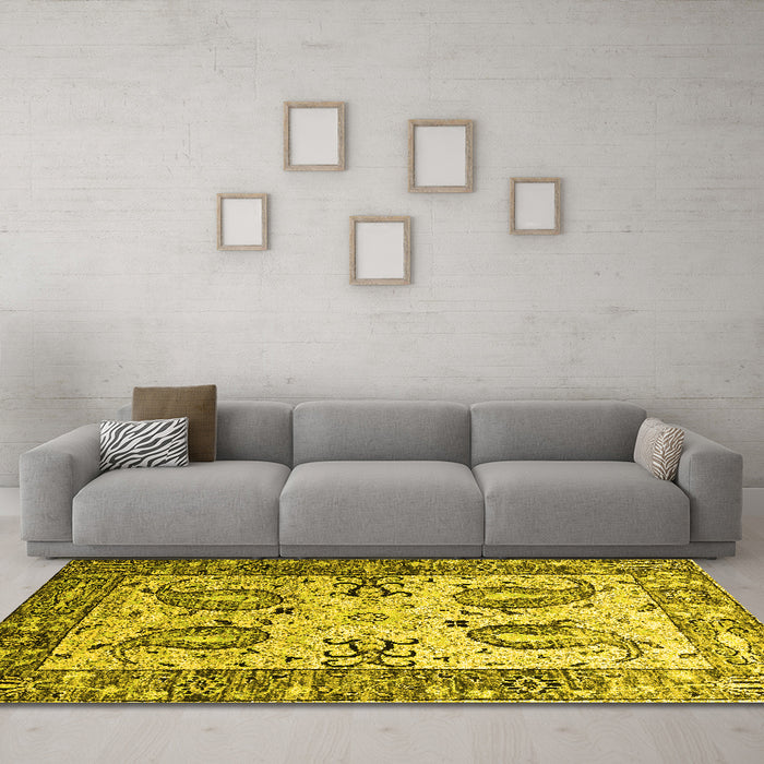 Machine Washable Abstract Yellow Contemporary Rug in a Living Room, wshcon2557yw