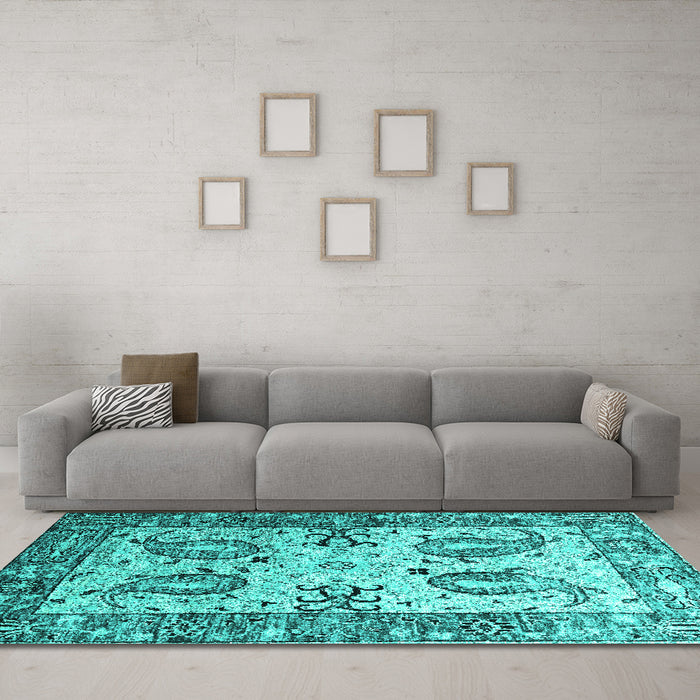 Machine Washable Abstract Turquoise Contemporary Area Rugs in a Living Room,, wshcon2557turq