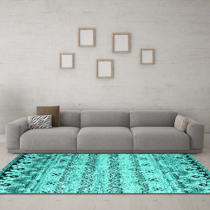 Machine Washable Abstract Turquoise Contemporary Area Rugs in a Living Room,, wshcon2567turq