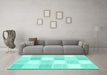 Machine Washable Checkered Turquoise Modern Area Rugs in a Living Room,, wshcon2569turq