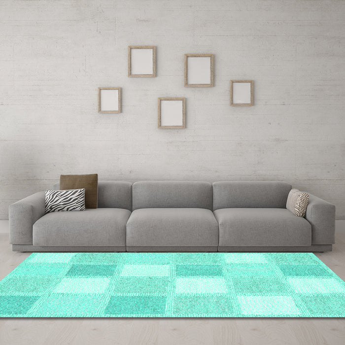 Machine Washable Checkered Turquoise Modern Area Rugs in a Living Room,, wshcon2569turq
