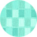 Round Machine Washable Checkered Turquoise Modern Area Rugs, wshcon2569turq