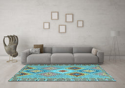 Machine Washable Southwestern Light Blue Country Rug in a Living Room, wshcon2573lblu