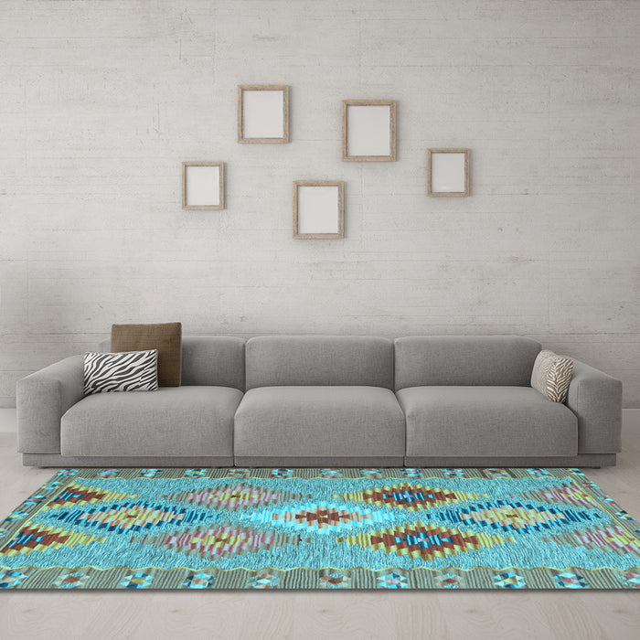 Machine Washable Southwestern Light Blue Country Rug in a Living Room, wshcon2573lblu