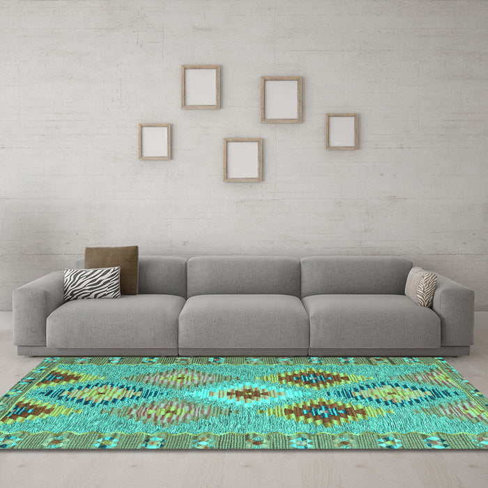 Machine Washable Southwestern Turquoise Country Area Rugs in a Living Room,, wshcon2573turq