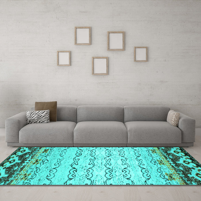 Machine Washable Abstract Turquoise Contemporary Area Rugs in a Living Room,, wshcon2577turq