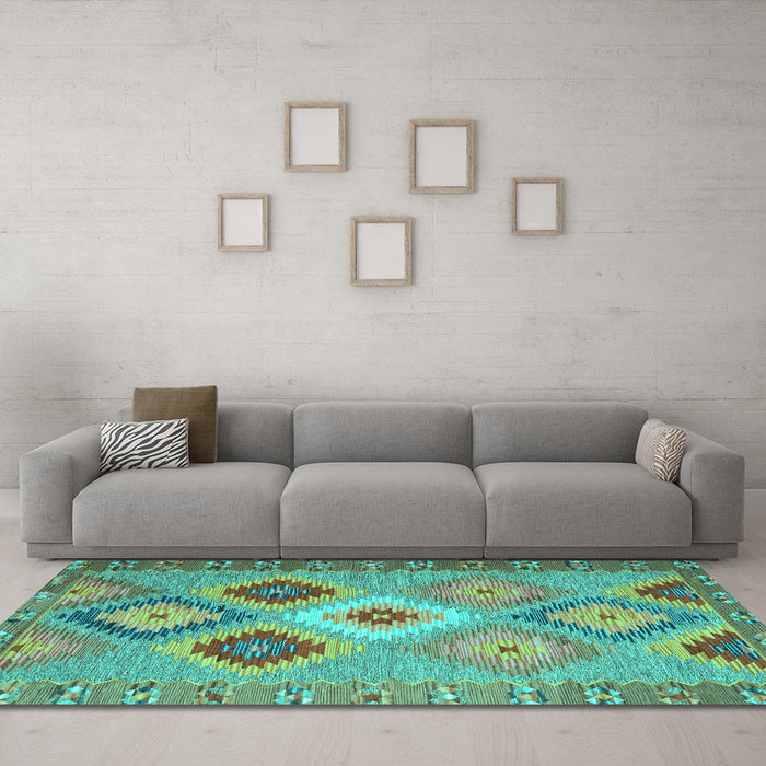 Machine Washable Southwestern Turquoise Country Area Rugs in a Living Room,, wshcon2583turq