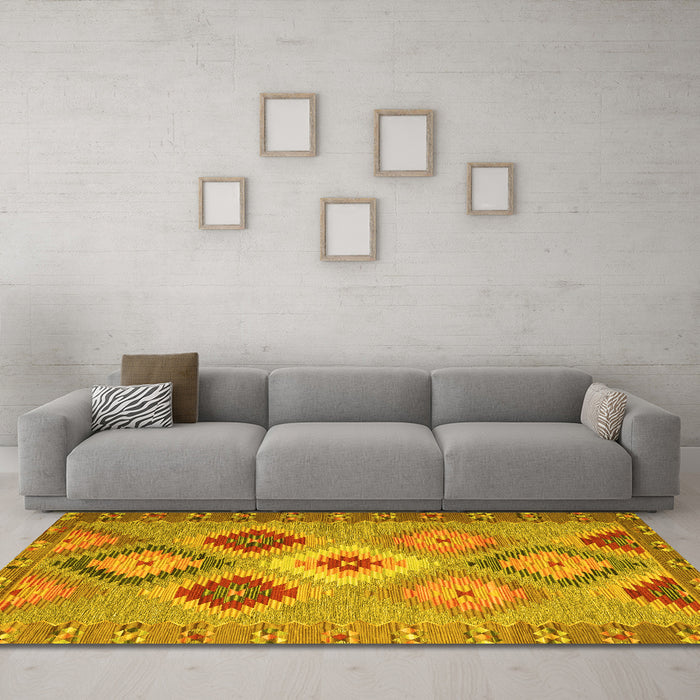 Machine Washable Southwestern Yellow Country Rug in a Living Room, wshcon2583yw