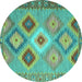 Round Machine Washable Southwestern Turquoise Country Area Rugs, wshcon2583turq