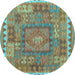 Round Machine Washable Southwestern Light Blue Country Rug, wshcon2584lblu