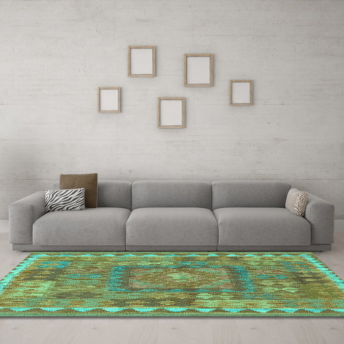 Machine Washable Southwestern Turquoise Country Area Rugs in a Living Room,, wshcon2584turq