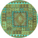 Round Machine Washable Southwestern Turquoise Country Area Rugs, wshcon2584turq