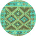 Round Machine Washable Abstract Turquoise Contemporary Area Rugs, wshcon2585turq