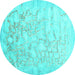 Round Machine Washable Abstract Turquoise Contemporary Area Rugs, wshcon2586turq