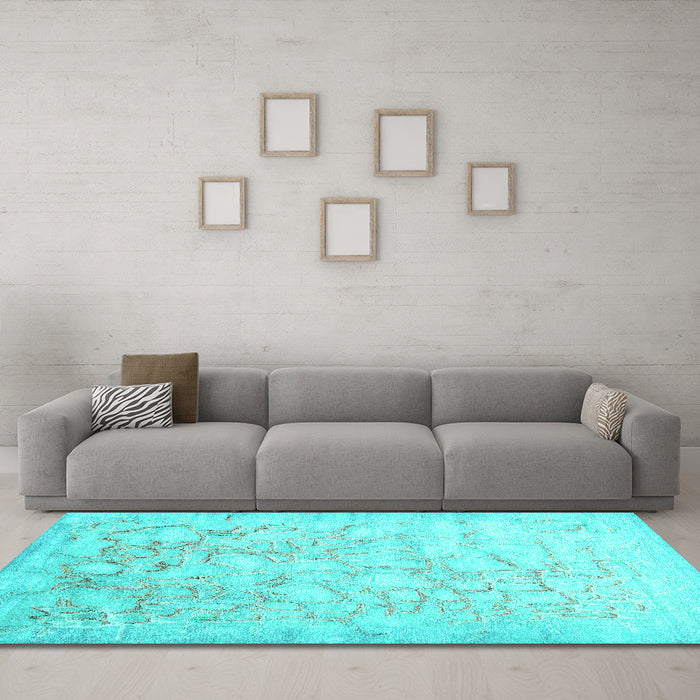 Machine Washable Abstract Turquoise Contemporary Area Rugs in a Living Room,, wshcon2586turq