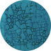 Round Machine Washable Abstract Turquoise Contemporary Area Rugs, wshcon2587turq