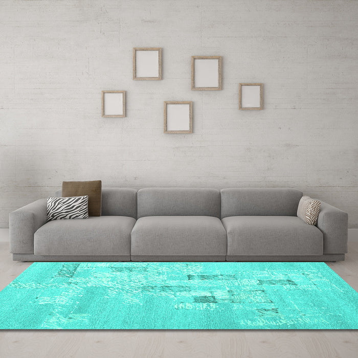 Machine Washable Abstract Turquoise Contemporary Area Rugs in a Living Room,, wshcon2588turq