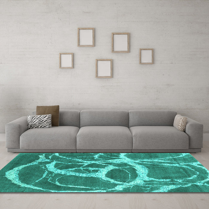 Machine Washable Abstract Turquoise Contemporary Area Rugs in a Living Room,, wshcon2593turq