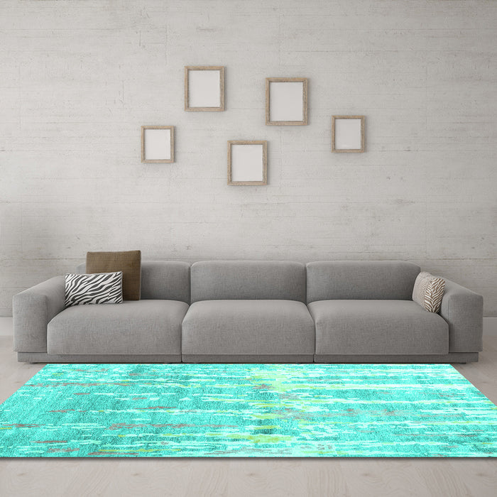 Machine Washable Abstract Turquoise Contemporary Area Rugs in a Living Room,, wshcon2595turq