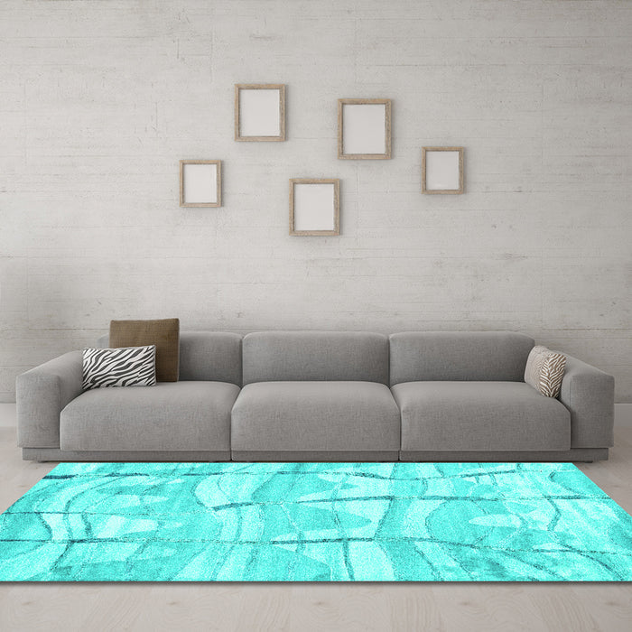 Machine Washable Abstract Turquoise Contemporary Area Rugs in a Living Room,, wshcon2601turq