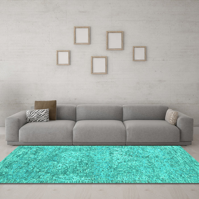 Machine Washable Abstract Turquoise Contemporary Area Rugs in a Living Room,, wshcon2603turq