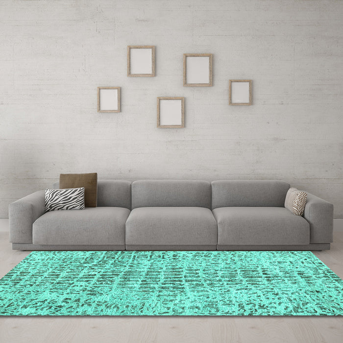 Machine Washable Abstract Turquoise Contemporary Area Rugs in a Living Room,, wshcon2605turq