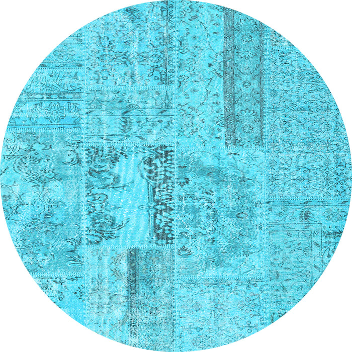 Round Machine Washable Patchwork Light Blue Transitional Rug, wshcon2621lblu