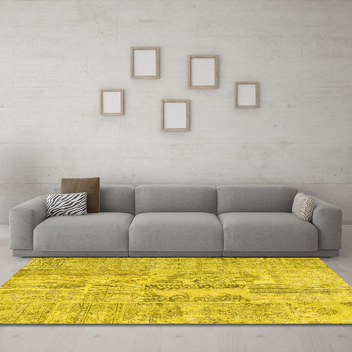 Machine Washable Patchwork Yellow Transitional Rug in a Living Room, wshcon2621yw