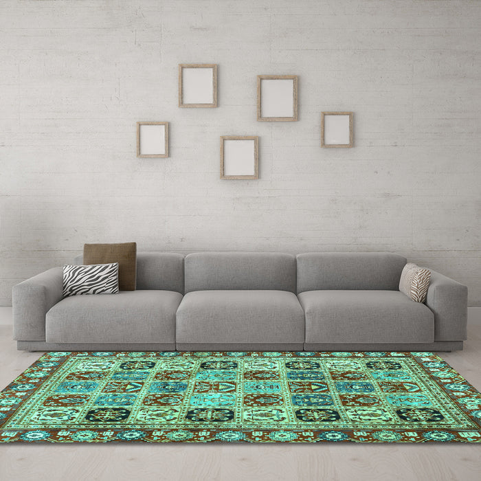 Machine Washable Southwestern Turquoise Country Area Rugs in a Living Room,, wshcon2622turq