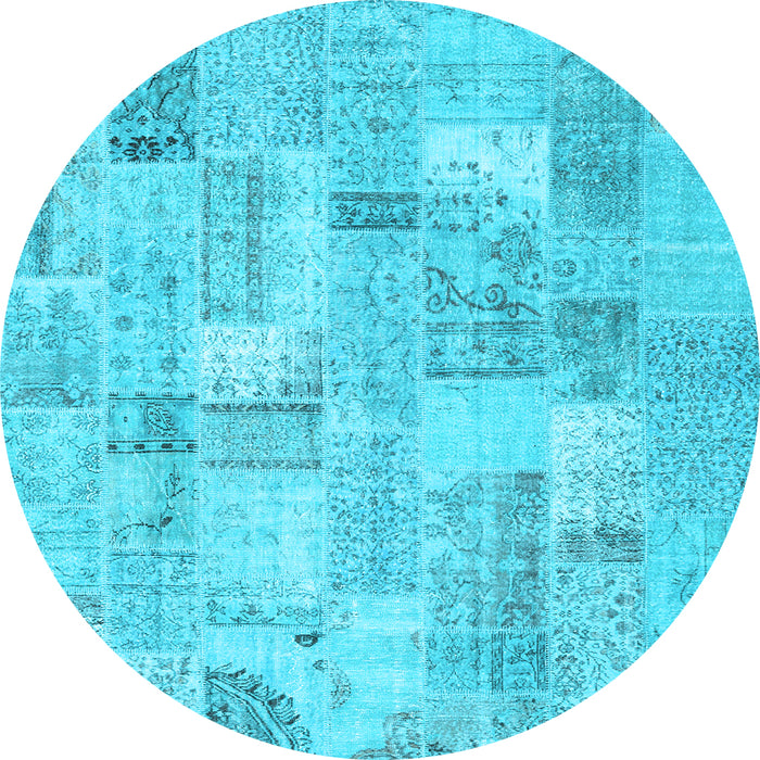 Round Machine Washable Patchwork Light Blue Transitional Rug, wshcon2623lblu