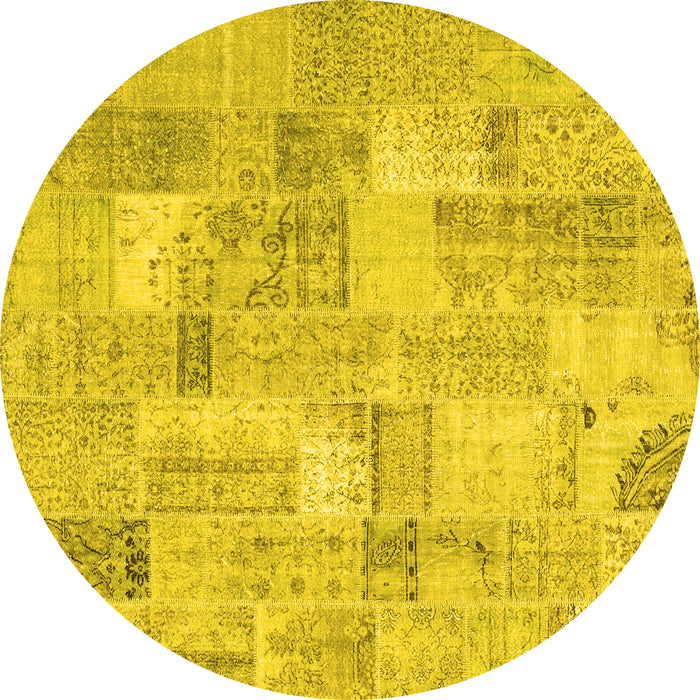 Round Machine Washable Patchwork Yellow Transitional Rug, wshcon2623yw