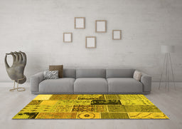 Machine Washable Patchwork Yellow Transitional Rug in a Living Room, wshcon2627yw