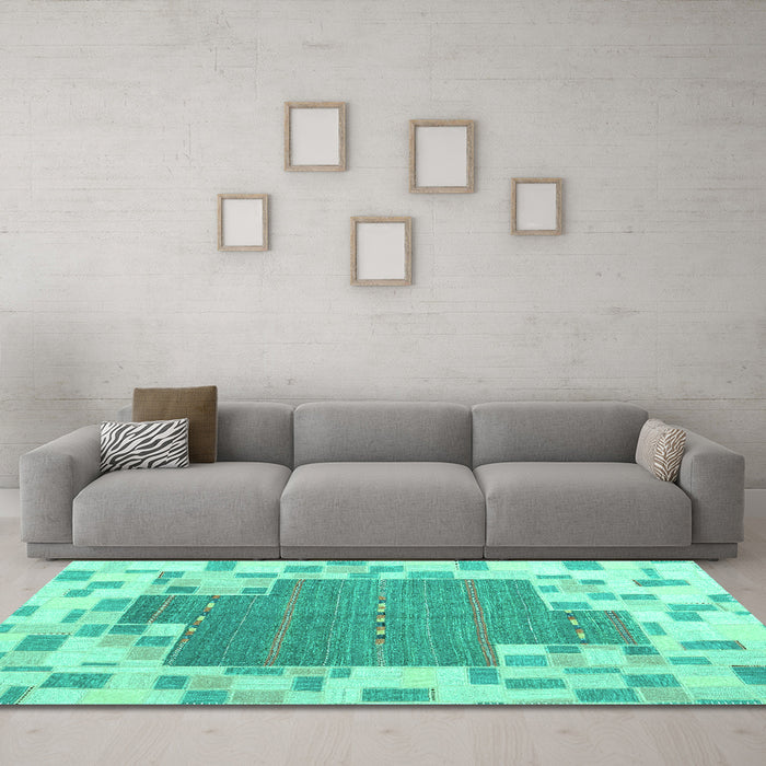 Machine Washable Abstract Turquoise Contemporary Area Rugs in a Living Room,, wshcon2635turq