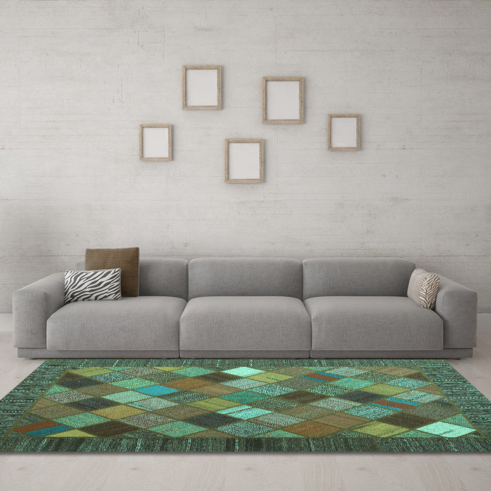 Machine Washable Abstract Turquoise Contemporary Area Rugs in a Living Room,, wshcon2642turq